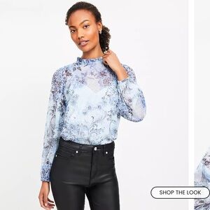 LOFT Blue Floral Ruffle Neck Blouse